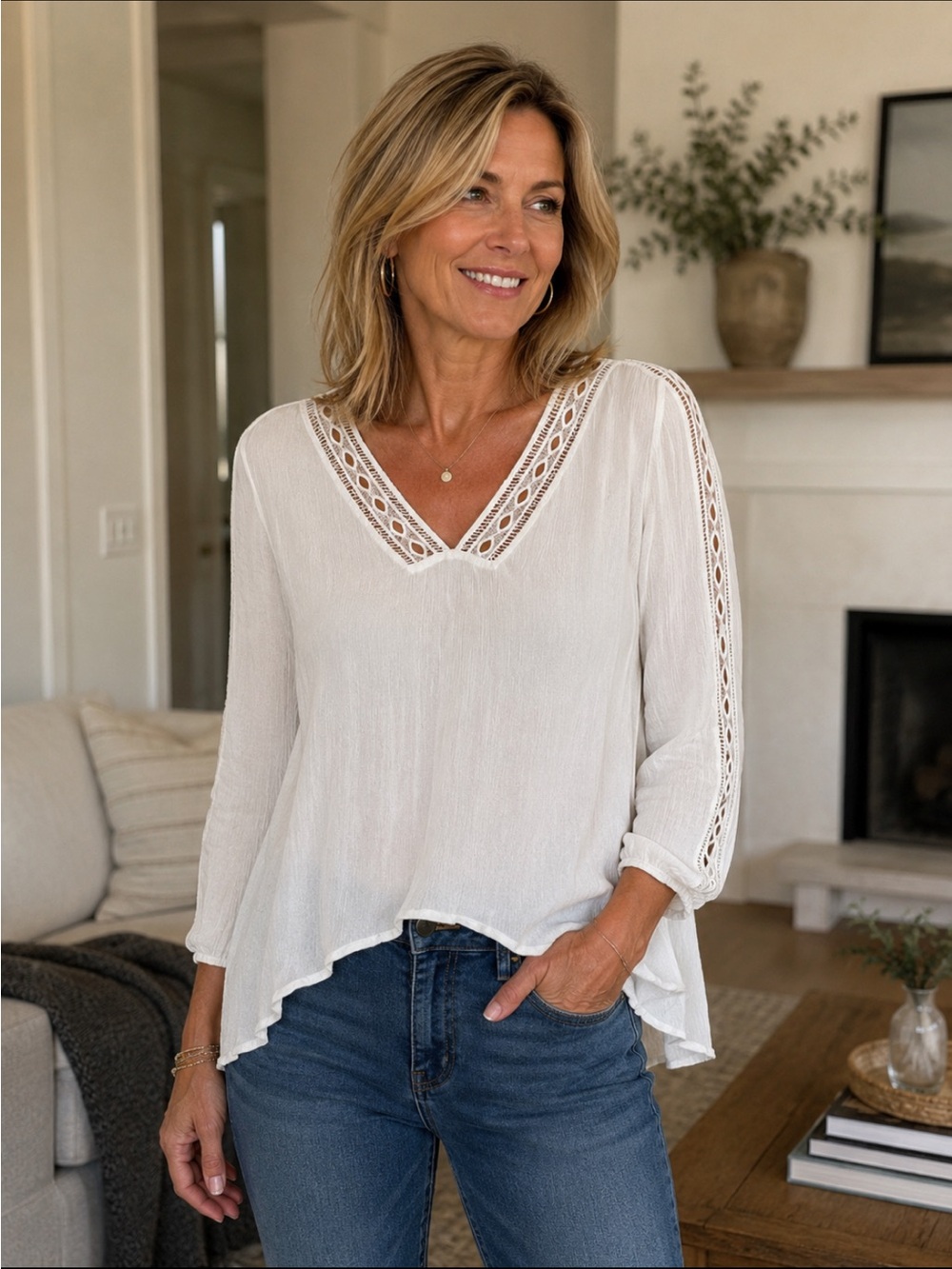 F&F Cream V-Neck Crochet Trim Tunic